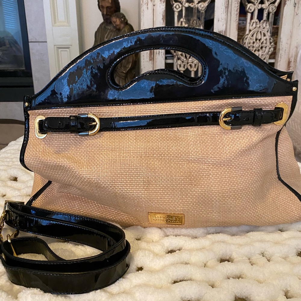 Badgley Mischka Rattan and Pattent Leather Tote